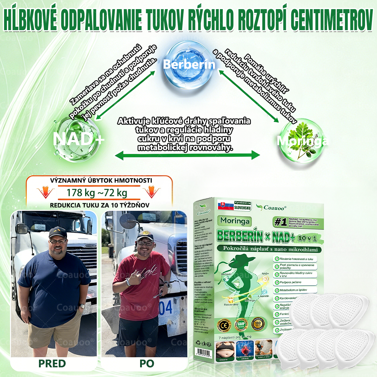 🔥 𝐂𝐨𝐚𝐮𝐨𝐨® Moringa × Berberín × AMPK 10-v-1 Metabolická podpora – nanomikroihlová náplasť (Stačí raz denne, viditeľné výsledky už za 7 dní)  ✅ Na obezitu, ochabnutú pokožku, cukrovku, spánkové apnoe, problémy s kĺbmi a mnohé ďalšie ťažkosti 🔥